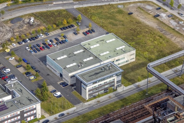 Phönix-West area with company building Albonair in the district Hörde in Dortmund, Ruhr area, North Rhine-Westphalia, Germany, DE, Dortmund, Europe, commercial enterprises, commercial area, commercial park, commercial location, commercial use, industrial area, industrial building, industrial location, innovation location, aerial view, aerial photograph, aerial photography, aerial photography, Phönix-West, overview, bird's-eye view, birds-eyes view, former blast furnace plant, overview