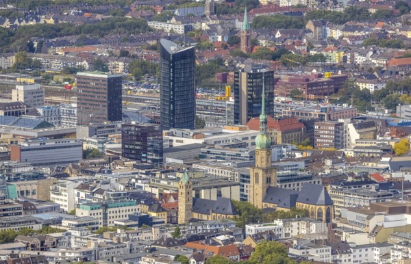 City centre view with protestant church St Marien, St. Reinoldikirche, IWO Hochhaus, RWE Tower and Sparkassenhochhhaus in the district City in Dortmund, Ruhr area, North Rhine-Westphalia, Germany, place of worship, City, DE, Dortmund, Europe, religious community, place of worship, holy place, city centre, church, parish, denomination, aerial view, aerial photograph, aerial photography, aerial photography, site view, religion, religious site, skyline, townscape, city centre, overview, bird's-eye view, bird's-eye view, overview