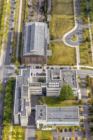 Phönix-West area with company buildings MST Factory and ION-GAS GmbH at Konrad-Adenauer-Allee in the district Hörde in Dortmund, Ruhr area, North Rhine-Westphalia, Germany, Bartels Mikrotechnik GmbH, DE, Dortmund, Europe, commercial enterprises, commercial area, industrial estate, industrial park, commercial location, commercial use, industrial area, industrial building, industrial location, innovation location, aerial view, aerial photograph, aerial photography, aerial photography, Micronit GmbH, Phönix-West, overview, bird's-eye view, old factory building, birds-eyes view, former blast furnace plant, overview, temicon GmbH