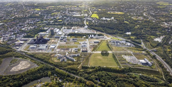 Phönix-West Areal and Hoesch-Gasometer as well as Wilo Park, BMW branch Dortmund, INTECH Die Industrieausrüster and Amprion GmbH Stromversorger in the district Hörde in Dortmund, Ruhr area, North Rhine-Westphalia, Germany, Amprion GmbH Stromversorger, DE, monument protection, Dortmund, Europe, commercial enterprises, commercial area, commercial area, commercial park, commercial location, commercial use, industrial area, industrial building, industrial location, innovation location, landmark, aerial view, aerial photograph, aerial photography, aerial photography, Phoenix-See, Phoenix-West, overview, bird's-eye view, birds-eyes view, former blast furnace plant, overview