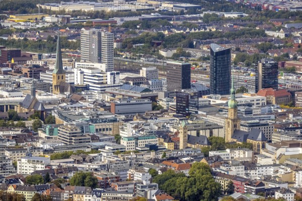 View of the city centre with St. Marien Protestant Church, St. Reinoldi Church, IWO Tower, RWE Tower, Sparkasse Tower, Harenberg City-Center Tower and St. Petri Church. Petri in the district City in Dortmund, Ruhr area, North Rhine-Westphalia, Germany, place of worship, City, DE, Dortmund, Europe, religious community, place of worship, holy place, city centre, church, parish, denomination, aerial view, aerial photograph, aerial photography, aerial view, panoramic photo, Petrikirche, religion, religious site, skyline, townscape, city centre, overview, bird's-eye view, overview