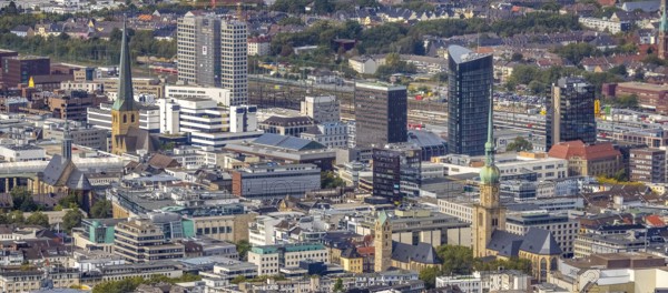 View of the city centre with St. Marien Protestant Church, St. Reinoldi Church, IWO Tower, RWE Tower, Sparkasse Tower, Harenberg City-Center Tower and St. Petri Church. Petri in the district City in Dortmund, Ruhr area, North Rhine-Westphalia, Germany, place of worship, City, DE, Dortmund, Europe, religious community, place of worship, holy place, city centre, church, parish, denomination, aerial view, aerial photograph, aerial photography, aerial view, panoramic photo, Petrikirche, religion, religious site, skyline, townscape, city centre, overview, bird's-eye view, overview