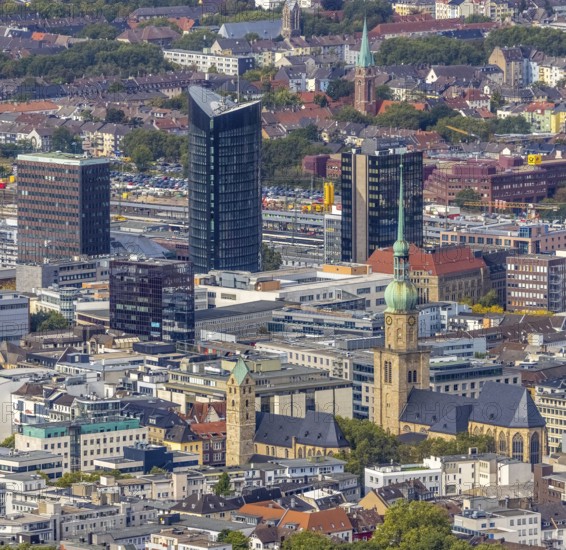 City centre view with protestant church St Marien, St. Reinoldikirche, IWO Hochhaus, RWE Tower and Sparkassenhochhhaus in the district City in Dortmund, Ruhr area, North Rhine-Westphalia, Germany, place of worship, City, DE, Dortmund, Europe, religious community, place of worship, holy place, city centre, church, parish, denomination, aerial view, aerial photograph, aerial photography, aerial photography, site view, religion, religious site, skyline, townscape, city centre, overview, bird's-eye view, bird's-eye view, overview