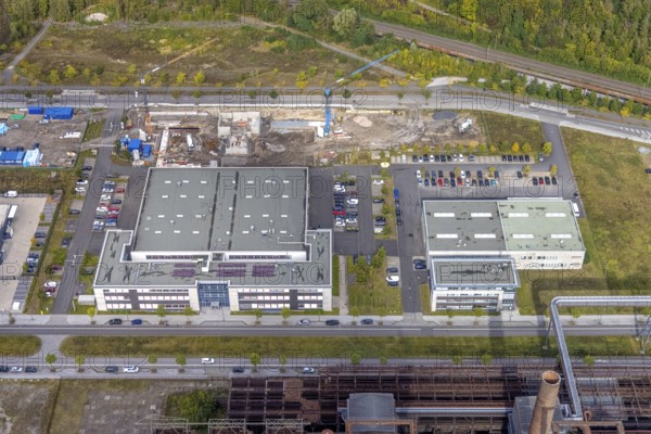 Phoenix-West area with company building Albonair and Centre for Production Technology at Carlo-Schmid-Allee in the district Hörde in Dortmund, Ruhr area, North Rhine-Westphalia, Germany, AAP-NDT GmbH, CTM-do GmbH, DE, Dortmund, Europe, commercial enterprises, commercial area, industrial area, commercial park, commercial location, commercial use, industrial area, industrial building, industrial location, innovation location, aerial view, aerial photograph, aerial photography, aerial photography, ORONTEC GmbH, Phönix-West, overview, bird's-eye view, birds-eyes view, former blast furnace plant, overview