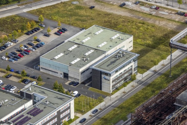 Phönix-West area with company building Albonair in the district Hörde in Dortmund, Ruhr area, North Rhine-Westphalia, Germany, DE, Dortmund, Europe, commercial enterprises, commercial area, commercial park, commercial location, commercial use, industrial area, industrial building, industrial location, innovation location, aerial view, aerial photograph, aerial photography, aerial photography, Phönix-West, overview, bird's-eye view, birds-eyes view, former blast furnace plant, overview