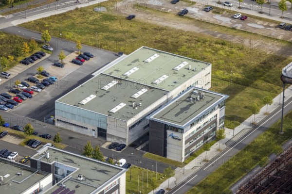 Phönix-West area with company building Albonair in the district Hörde in Dortmund, Ruhr area, North Rhine-Westphalia, Germany, DE, Dortmund, Europe, commercial enterprises, commercial area, commercial park, commercial location, commercial use, industrial area, industrial building, industrial location, innovation location, aerial view, aerial photograph, aerial photography, aerial photography, Phönix-West, overview, bird's-eye view, birds-eyes view, former blast furnace plant, overview