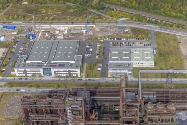 Phoenix-West area with company building Albonair and Centre for Production Technology at Carlo-Schmid-Allee in the district Hörde in Dortmund, Ruhr area, North Rhine-Westphalia, Germany, AAP-NDT GmbH, CTM-do GmbH, DE, Dortmund, Europe, commercial enterprises, commercial area, industrial area, commercial park, commercial location, commercial use, industrial area, industrial building, industrial location, innovation location, aerial view, aerial photograph, aerial photography, aerial photography, ORONTEC GmbH, Phönix-West, overview, bird's-eye view, birds-eyes view, former blast furnace plant, overview