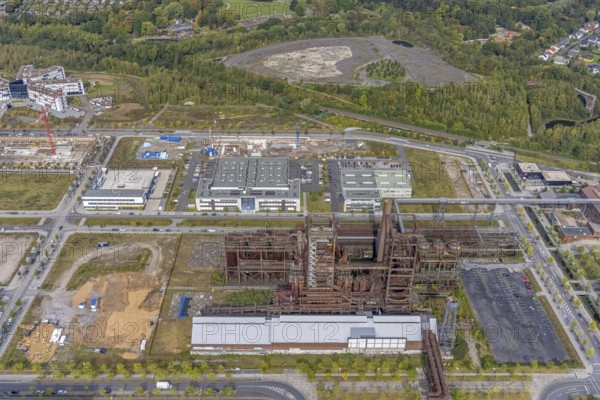 Phönix-West area with blast furnace plant as well as company building Albonair and centre for production technology at Carlo-Schmid-Allee in the district Hörde in Dortmund, Ruhr area, North Rhine-Westphalia, Germany, AAP-NDT GmbH, CTM-do GmbH, DE, Dortmund, Europe, commercial enterprises, commercial area, industrial area, commercial park, commercial location, commercial use, industrial area, industrial building, industrial location, innovation location, aerial view, aerial photograph, aerial photography, aerial photography, ORONTEC GmbH, Phönix-West, overview, bird's-eye view, birds-eyes view, former blast furnace plant, overview