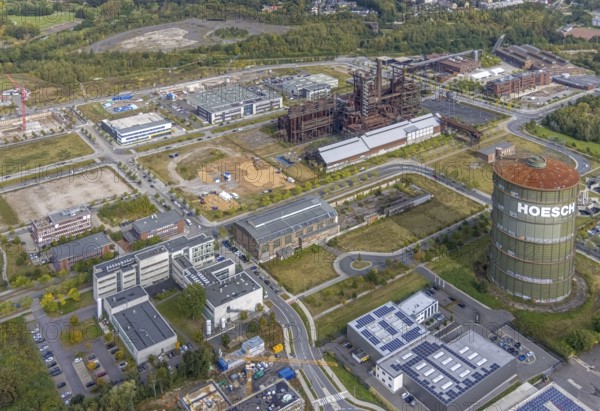 Phönix-West Areal and Hoesch-Gasometer and KIS Antriebstechnik GmbH with solar roof as well as company building Konrad-Adenauer-Allee with old factory building in the district Hörde in Dortmund, Ruhr area, North Rhine-Westphalia, Germany, Albonair, Bartels Mikrotechnik GmbH, DE, Dortmund, Europe, commercial enterprises, commercial area, commercial park, commercial location, commercial use, ION-GAS GmbH, industrial area, industrial building, industrial location, innovation location, aerial view, aerial photograph, aerial photography, aerial photography, MST Factory, Micronit GmbH, Phönix-West, overview, bird's eye view, centre for production technology, birds-eyes view, former blast furnace plant, overview