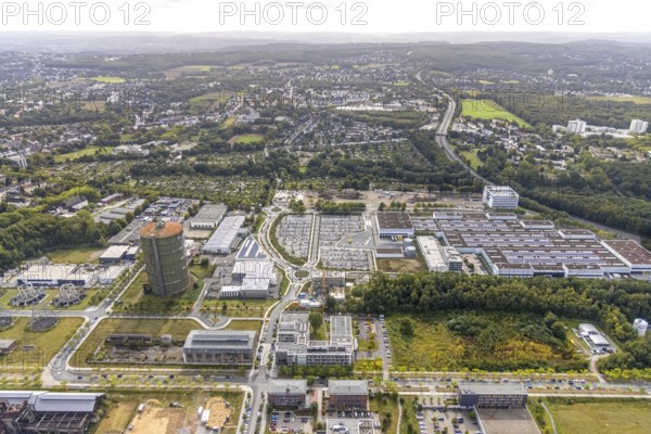 Phönix-West Areal and Hoesch-Gasometer, Wilo Park and company buildings MST Factory and ION-GAS GmbH at Konrad-Adenauer-Allee in the district Hörde in Dortmund, Ruhr area, North Rhine-Westphalia, Germany, Bartels Mikrotechnik GmbH, DE, Dortmund, Europe, commercial enterprises, commercial area, industrial area, commercial park, commercial location, commercial use, industrial area, industrial building, industrial location, innovation location, aerial view, aerial photograph, aerial photography, aerial photography, Micronit GmbH, Phönix-West, overview, bird's-eye view, birds-eyes view, former blast furnace plant, overview, temicon GmbH