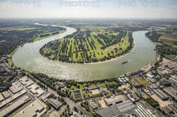 Aerial view, river Rhine Rhine bend with meadows and fields Zonser Grind and camping site Rheinblick am Zonser Grind in Stürzelberg, Dormagen, Rhineland, North Rhine-Westphalia, Germany, inland navigation, camping, camping site, campsite, DE, Europe, green trees, aerial view, aerial photography, aerial photography, Rhine bend, shipping traffic, overview, bird's-eye view, meadows and fields, birds-eyes view, overview