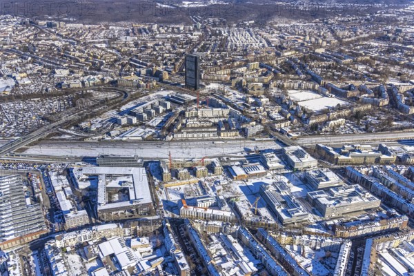 Aerial photo, city centre, ARAG Tower, Düsseltal, Düsseldorf, Rhineland, North Rhine-Westphalia, Germany, ARAG high-rise, ARAG insurance, City, DE, Europe, skyscraper, aerial photo, aerial photography, aerial photography, snow, overview, bird's-eye view, winter, birds-eyes view, overview