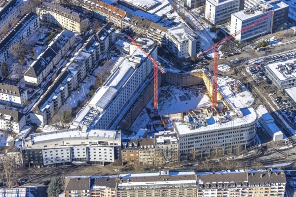 Aerial view, construction site new building office and residential complex, UpperNord Tower Düsseldorf, Mercedesstraße, Düsseltal, Düsseldorf, Rhineland, North Rhine-Westphalia, Germany, construction work, construction, construction area, building site, building plots, construction project, construction site, DE, Europe, aerial view, aerial photography, aerial photography, new building, snow, overview, bird's-eye view, winter, birds-eyes view, overview