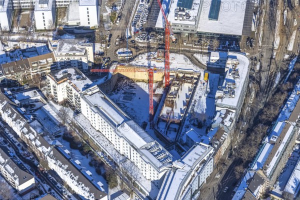 Aerial view, construction site new building office and residential complex, UpperNord Tower Düsseldorf, Mercedesstraße, Düsseltal, Düsseldorf, Rhineland, North Rhine-Westphalia, Germany, construction work, construction, construction area, building site, building plots, construction project, construction site, DE, Europe, aerial view, aerial photography, aerial photography, new building, snow, overview, bird's-eye view, winter, birds-eyes view, overview