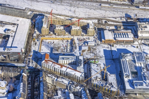 Aerial view, construction site of the new Centre for Digitisation and Digitality (ZDD) at the Derendorf campus of Düsseldorf University of Applied Sciences, Derendorf, Düsseldorf, Rhineland, North Rhine-Westphalia, Germany, construction work, construction area, building site, building plots, construction project, construction site, DE, Elfriede Bial Straße, Europe, aerial view, aerial photography, aerial photography, new building, Rose Ausländer Straße, snow, overview, bird's-eye view, winter, birds-eyes view, overview