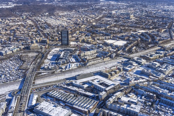Aerial photo, city centre, ARAG Tower, Düsseltal, Düsseldorf, Rhineland, North Rhine-Westphalia, Germany, ARAG high-rise, ARAG insurance, City, DE, Europe, skyscraper, aerial photo, aerial photography, aerial photography, snow, overview, bird's-eye view, winter, birds-eyes view, overview