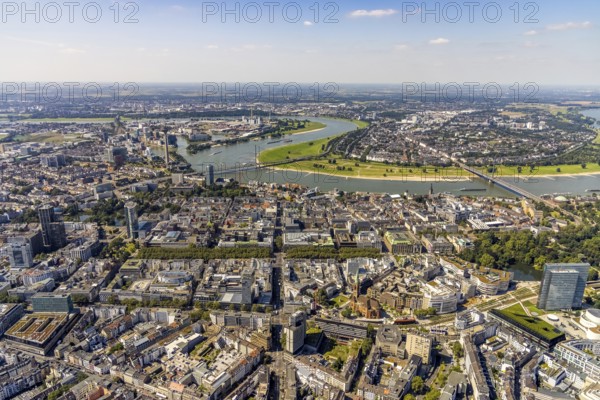 Aerial view, Düsseldorfer Kö Königsallee shopping district and St. John's Church and Media Harbour in the background at the river Rhine, city centre, Düsseldorf, Rhineland, North Rhine-Westphalia, Germany, City, DE, Europe, city centre, aerial view, aerial photography, aerial photography, aerial view, townscape, city area, city centre, overview, bird's eye view, overview