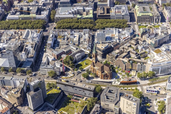 Aerial view, Düsseldorf Kö Königsallee shopping district and St. John's Church with Kö-Bogen-Tunnel, city centre, Düsseldorf, Rhineland, North Rhine-Westphalia, Germany, City, DE, Europe, city centre, aerial view, aerial photography, aerial photography, townscape, city area, city centre, overview, bird's-eye view, bird's-eye view, overview