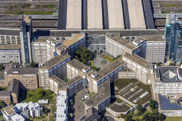 Aerial view, Düsseldorf main station and station forecourt at Konrad-Adenauer-Platz / Bertha-von-Suttner-Platz in the Oberbilk district of Düsseldorf, Rhineland, North Rhine-Westphalia, Germany, railway station, station forecourt, DE, Deutsche Bahn AG, Düsseldorf, Europe, main station, main railway station, aerial view, aerial photography, aerial photography, overview, bird's-eye view, overview