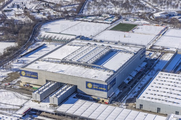 Aerial view, MERKUR SPIEL-ARENA football stadium, Düsseldorf, Rhineland, North Rhine-Westphalia, Germany, Arena, DE, Europe, Fortuna Düsseldorf F95, football pitch, football stadium, aerial view, aerial photography, aerial photography, snow, sports facilities, sports field, sports venue, stadium, overview, events, venue, event location, bird's-eye view, winter, birds-eyes view, overview