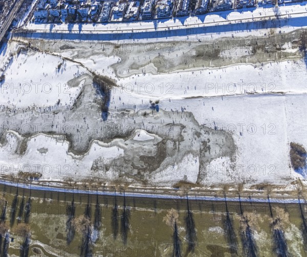 Aerial view, ice rink, ice skaters and pedestrians on frozen Rhine meadow in Lörrick near the Theodor-Heuss-Bridge, Niederkassel, Düsseldorf, Rhineland, North Rhine-Westphalia, Germany, DE, Europe, shapes and colours, aerial view, aerial photography, aerial photography, ice skating, snow, overview, bird's eye view, winter, birds-eyes view, overview