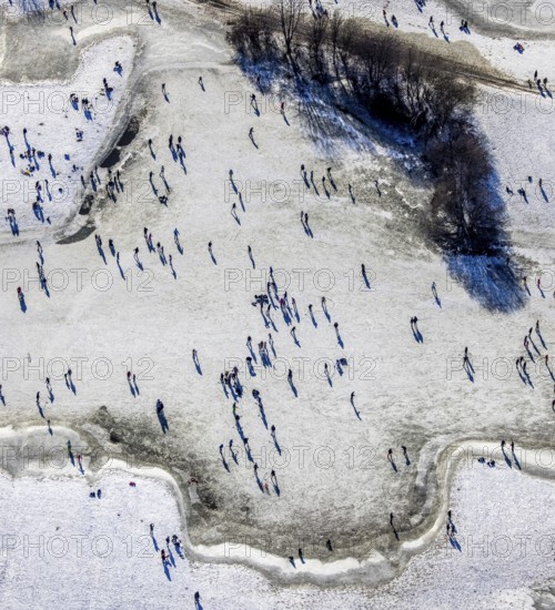 Aerial view, ice rink, ice skaters and pedestrians on frozen Rhine meadow in Lörrick near the Theodor-Heuss-Bridge, Niederkassel, Düsseldorf, Rhineland, North Rhine-Westphalia, Germany, DE, Europe, shapes and colours, aerial view, aerial photography, aerial photography, ice skating, snow, overview, bird's eye view, winter, birds-eyes view, overview