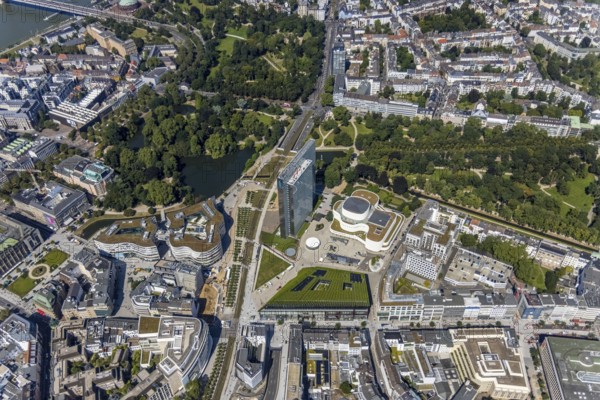 Aerial view, Dreischeibenhaus and Düsseldorfer Schauspielhaus as well as Kö Bogen II with hornbeam growth at Gustav-Gründgens-Platz in city centre, Düsseldorf, Rhineland, North Rhine-Westphalia, Germany, DE, Europe, commercial buildings, commercial enterprises, commercial space, commercial location, commercial use, aerial view, aerial photography, aerial photography, overview, bird's-eye view, bird's-eye view, overview