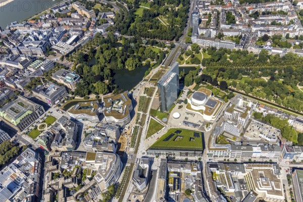 Aerial view, Dreischeibenhaus and Düsseldorfer Schauspielhaus as well as Kö Bogen II with hornbeam growth at Gustav-Gründgens-Platz in city centre, Düsseldorf, Rhineland, North Rhine-Westphalia, Germany, DE, Europe, commercial buildings, commercial enterprises, commercial space, commercial location, commercial use, aerial view, aerial photography, aerial photography, overview, bird's-eye view, bird's-eye view, overview