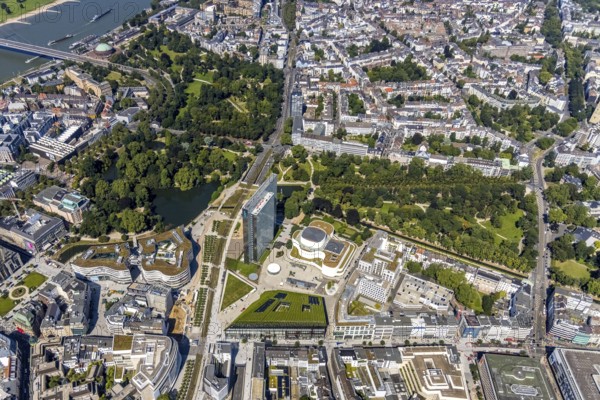 Aerial view, Dreischeibenhaus and Düsseldorfer Schauspielhaus as well as Kö Bogen II with hornbeam growth at Gustav-Gründgens-Platz in city centre, Düsseldorf, Rhineland, North Rhine-Westphalia, Germany, DE, Europe, commercial buildings, commercial enterprises, commercial space, commercial location, commercial use, aerial view, aerial photography, aerial photography, overview, bird's-eye view, bird's-eye view, overview