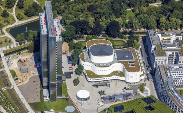 Aerial view, Dreischeibenhaus and Düsseldorfer Schauspielhaus in city centre, Düsseldorf, Rhineland, North Rhine-Westphalia, Germany, DE, Europe, commercial buildings, commercial enterprises, commercial space, commercial location, commercial use, aerial view, aerial photography, aerial photography, overview, bird's-eye view, birds-eyes view, overview