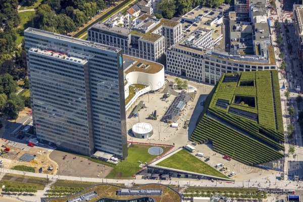Aerial view, Dreischeibenhaus and Düsseldorfer Schauspielhaus as well as Kö Bogen II with hornbeam growth at Gustav-Gründgens-Platz in city centre, Düsseldorf, Rhineland, North Rhine-Westphalia, Germany, DE, Europe, commercial buildings, commercial enterprises, commercial space, commercial location, commercial use, aerial view, aerial photography, aerial photography, overview, bird's-eye view, bird's-eye view, overview