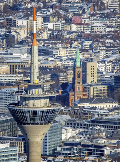 Aerial view, Rhine Tower in the Media Harbour, St. John's Church in the background, harbour, Düsseldorf, Rhineland, North Rhine-Westphalia, Germany, place of worship, office use, DE, Europe, trade, commercial enterprises, commercial area, commercial park, commercial location, commercial use, religious community, place of worship, holy place, industry, industrial area, industrial site, church, parish, denomination, logistics, aerial view, aerial photography, aerial photography, religion, religious site, snow, tower, overview, bird's-eye view, winter, birds-eyes view, overview
