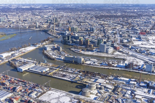 Aerial view, media harbour with Rhine Tower, harbour, Düsseldorf, Rhineland, North Rhine-Westphalia, Germany, office use, DE, Europe, commercial, commercial enterprises, commercial area, commercial park, commercial location, commercial use, industry, industrial area, industrial location, logistics, aerial view, aerial photography, aerial photography, aerial photography, snow, tower, overview, bird's eye view, winter, birds-eyes view, overview