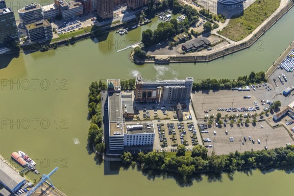 Aerial view, Plange Mühle conversion for a clinic in the media harbour in the harbour in Düsseldorf, Rhineland, North Rhine-Westphalia, Germany, DE, Düsseldorf, Europe, commercial enterprises, commercial area, commercial park, commercial location, commercial use, harbour, harbour area, harbour area, industrial area, industrial building, industrial location, aerial photograph, aerial photography, aerial photography, overview, bird's eye view, Weizenmühlenstraße, birds-eyes view, former Rhine harbour, overview