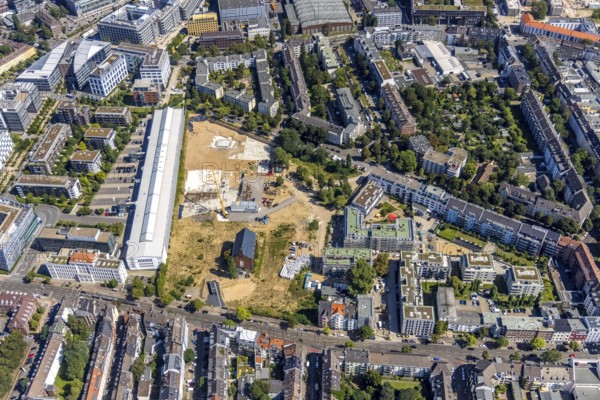 Aerial view, construction site Ulmer Höh and new construction city quarter maxfrei in the district Derendorf in Düsseldorf, Rhineland, North Rhine-Westphalia, Germany, construction work, construction area, building site, building plots, construction project, construction site, DE, Düsseldorf, Europe, property tax, real estate, aerial view, aerial photography, aerial photography, new construction, Ulmer Höh project, overview, bird's-eye view, residential complex, residential area, residential buildings, residential quality, residential neighbourhood, housing estate, birds-eyes view, former prison, overview