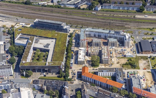 Aerial view, construction site and new building at the campus of the Düsseldorf University of Applied Sciences in the Derendorf district of Düsseldorf, Rhineland, North Rhine-Westphalia, Germany, construction work, construction area, construction site, building plots, construction project, construction site, DE, Düsseldorf, Europe, university, aerial photograph, aerial photography, aerial photography, new building, overview, bird's-eye view, former old slaughterhouse, overview