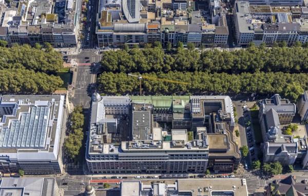Aerial view, Deutsche Bank on Königsallee in the city centre of Düsseldorf, Rhineland, North Rhine-Westphalia, Germany, construction crane, DE, Düsseldorf, Europe, commercial buildings, aerial view, aerial photography, aerial photography, renovation, overview, bird's-eye view, overview