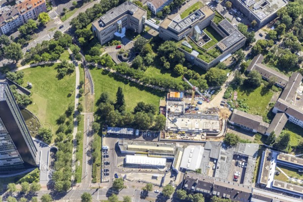 Aerial view, construction site and new construction of an apartment building on Löbbeckestraße in Düsseltal, Düsseldorf, Rhineland, North Rhine-Westphalia, Germany, construction work, construction area, construction site, building plots, construction project, construction site, DE, Europe, property tax, real estate, aerial view, aerial photography, aerial photography, apartment buildings, new construction, overview, bird's eye view, residential complex, living and living, residential area, residential buildings, residential quality, housing estate, birds-eyes view, overview