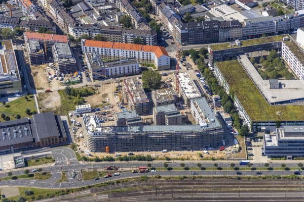 Aerial view, construction site and new building at the campus of the Düsseldorf University of Applied Sciences in the Derendorf district of Düsseldorf, Rhineland, North Rhine-Westphalia, Germany, construction work, construction area, construction site, building plots, construction project, construction site, DE, Düsseldorf, Europe, university, aerial photograph, aerial photography, aerial photography, new building, overview, bird's-eye view, former old slaughterhouse, overview