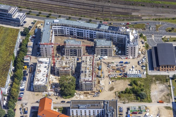 Aerial view, construction site and new building at the campus of the Düsseldorf University of Applied Sciences in the Derendorf district of Düsseldorf, Rhineland, North Rhine-Westphalia, Germany, construction work, construction area, construction site, building plots, construction project, construction site, DE, Düsseldorf, Europe, university, aerial photograph, aerial photography, aerial photography, new building, overview, bird's-eye view, former old slaughterhouse, overview