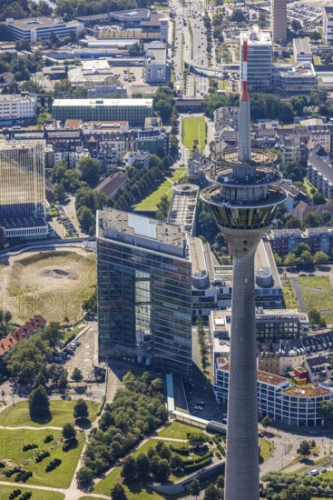 Aerial view, Media Harbour Skyline with Rhine Tower in the former Rhine Harbour in Düsseldorf, Rhineland, North Rhine-Westphalia, Germany, DE, Düsseldorf, Europe, commercial enterprises, commercial area, commercial park, commercial location, commercial use, harbour, harbour area, harbour area, industrial area, industrial building, industrial location, aerial view, aerial photography, aerial photography, overview, bird's-eye view, birds-eyes view, former Rhine Harbour, overview