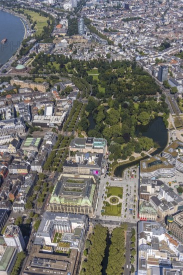 Aerial view, commercial buildings Galeria Kaufhof, Steigenberger Hotel and Deutsche Oper am Rhein at Königsallee with Corneliusplatz and Corneliusbrunnen to Hofgarten in city centre, Düsseldorf, Rhineland, North Rhine-Westphalia, Germany, 22, DE, Europe, gastronomy, commercial buildings, hotel, aerial view, aerial photography, aerial photography, overview, bird's-eye view, birds-eyes view, overview