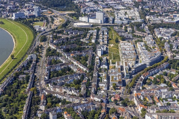 Aerial view, new residential neighbourhood Belsenpark, Ria-Thiele-Straße in Oberkassel, Düsseldorf, Rhineland, North Rhine-Westphalia, Germany, DE, Europe, property tax, real estate, aerial view, aerial photography, aerial photography, overview, bird's-eye view, residential area, residential buildings, residential quality, residential neighbourhood, housing estate, birds-eyes view, overview