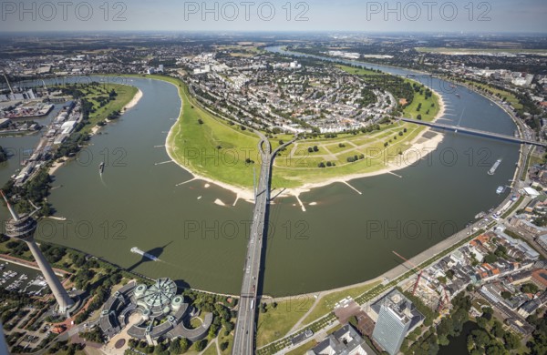 Aerial view, Rhine Tower and State Parliament of North Rhine-Westphalia on the river Rhine with Rhine knee bridge and Oberkassel bridge and view to Oberkassel in Düsseldorf, Rhineland, North Rhine-Westphalia, Germany, authority, DE, Düsseldorf, Europe, State Parliament of North Rhine-Westphalia, aerial view, aerial photography, aerial photography, Rhine loop, overview, bird's-eye view, overview