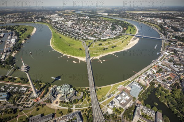 Aerial view, Rhine Tower and State Parliament of North Rhine-Westphalia on the river Rhine with Rhine knee bridge and Oberkassel bridge and view to Oberkassel in Düsseldorf, Rhineland, North Rhine-Westphalia, Germany, authority, DE, Düsseldorf, Europe, State Parliament of North Rhine-Westphalia, aerial view, aerial photography, aerial photography, Rhine loop, overview, bird's-eye view, overview