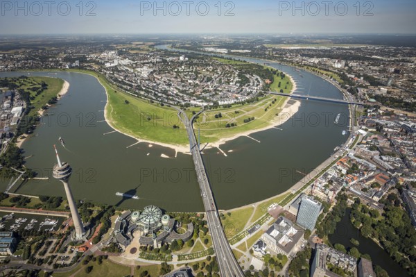Aerial view, Rhine Tower and State Parliament of North Rhine-Westphalia on the river Rhine with Rhine knee bridge and Oberkassel bridge and view to Oberkassel in Düsseldorf, Rhineland, North Rhine-Westphalia, Germany, authority, DE, Düsseldorf, Europe, State Parliament of North Rhine-Westphalia, aerial view, aerial photography, aerial photography, Rhine loop, overview, bird's-eye view, overview