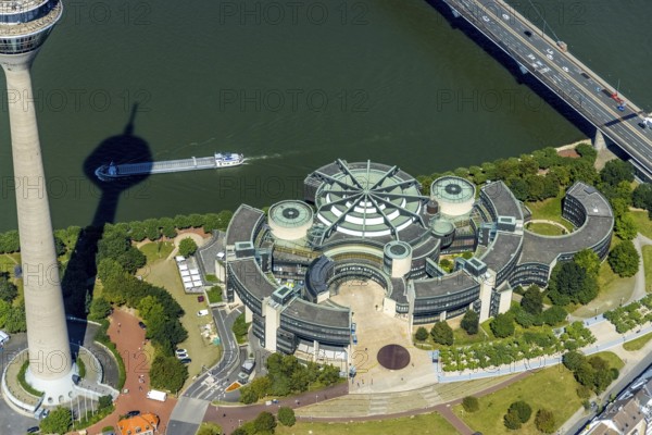 Aerial view, Rhine Tower and State Parliament of North Rhine-Westphalia at the river Rhine in the harbour in Düsseldorf, Rhineland, North Rhine-Westphalia, Germany, DE, Düsseldorf, Europe, aerial view, aerial photography, aerial photography, overview, bird's-eye view, overview