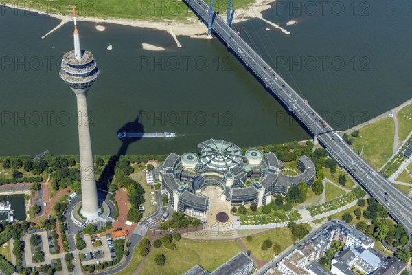 Aerial view, Rhine Tower and State Parliament of North Rhine-Westphalia with Rhine knee bridge at the river Rhine in the harbour in Düsseldorf, Rhineland, North Rhine-Westphalia, Germany, authority, DE, Düsseldorf, Europe, State Parliament of North Rhine-Westphalia, aerial view, aerial photography, aerial photography, overview, bird's-eye view, overview
