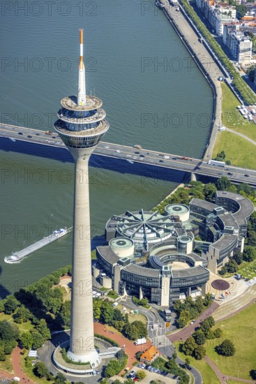 Aerial view, Rhine Tower and State Parliament of North Rhine-Westphalia at the river Rhine in the harbour in Düsseldorf, Rhineland, North Rhine-Westphalia, Germany, DE, Düsseldorf, Europe, aerial view, aerial photography, aerial photography, overview, bird's-eye view, overview