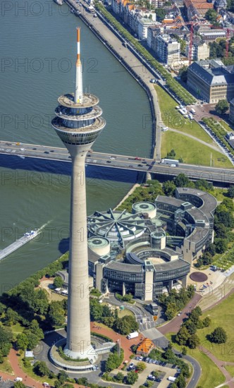 Aerial view, Rhine Tower and State Parliament of North Rhine-Westphalia at the river Rhine in the harbour in Düsseldorf, Rhineland, North Rhine-Westphalia, Germany, DE, Düsseldorf, Europe, aerial view, aerial photography, aerial photography, overview, bird's-eye view, overview